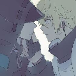 Rule 34 | 2boys, arknights, backlighting, black gloves, black jacket, blonde hair, blue eyes, commentary request, doctor (arknights), earpiece, executor (arknights), fingerless gloves, from side, frown, gloves, half gloves, hand on another&#039;s chin, hood, hooded jacket, imminent kiss, jacket, looking at another, male doctor (arknights), mask lift, multiple boys, parted lips, portrait, shirt, simple background, soppos, upper body, white background, white shirt, yaoi