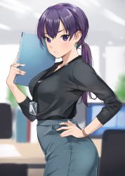 Rule 34 | 1girl, binder, black shirt, blue skirt, blurry, blurry background, blush, bracelet, breasts, chair, commentary request, desk, doushimasho, earrings, hair between eyes, hand on own hip, highres, holding, id card, indoors, jewelry, lanyard, long hair, long sleeves, looking at viewer, low ponytail, medium breasts, monitor, name tag, office, office chair, office lady, original, pantylines, paper, parted lips, pencil skirt, ponytail, purple eyes, purple hair, shirt, skirt, solo, standing, swivel chair, window