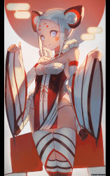 Rule 34 | 1girl, absurdres, bare shoulders, blue eyes, chinese zodiac, closed mouth, collarbone, detached sleeves, double bun, facial mark, grey hair, hair bun, highres, kakizome, long sleeves, mouse print, orange ribbon, original, ribbon, ryes 8, slit pupils, smile, solo, twitter username, wide sleeves, year of the rat