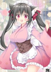 Rule 34 | 1girl, animal ears, apron, black hair, blush, breasts, cat girl, floral print, hair ornament, hair ribbon, highres, japanese clothes, kimono, korie riko, large breasts, long sleeves, looking at viewer, maid headdress, open mouth, original, pink kimono, red eyes, red ribbon, ribbon, skirt, smile, solo, tail, twintails, waist apron, wide sleeves