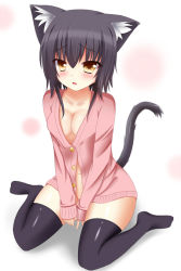 Rule 34 | 1girl, animal ears, black hair, black thighhighs, blush, breasts, brown eyes, buttons, cardigan, cat ears, cat tail, cleavage, collarbone, groin, hair between eyes, long sleeves, naked sweater, no panties, no shoes, original, parted lips, short hair, sidelocks, sitting, solo, sweater, tail, thighhighs, tlamp, tsurime, v arms, wariza