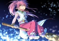 Rule 34 | 1girl, arche klein, belt, bracelet, broom, earrings, elbow gloves, full body, gloves, jewelry, long hair, open mouth, pants, pink eyes, pink hair, pink pants, pointy ears, ponytail, sitting, solo, tales of (series), tales of phantasia, wide ponytail