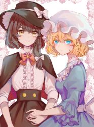 Rule 34 | 2girls, :/, ascot, back bow, black capelet, black headwear, black skirt, blonde hair, blue eyes, blush, bow, bowtie, breasts, brooch, brown hair, buttons, capelet, center frills, closed mouth, collared shirt, commentary request, dress, eyelashes, fedora, frilled sleeves, frills, hat, highres, hourai kiriri, jewelry, juliet sleeves, long sleeves, maribel hearn, medium breasts, mob cap, multiple girls, puffy sleeves, purple dress, red bow, red bowtie, sash, shirt, short hair, skirt, skirt set, smile, standing, touhou, two-sided fabric, usami renko, white ascot, white headwear, white sash, white shirt, wide sleeves, wing collar, yellow eyes