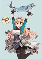 Rule 34 | 1girl, arms up, arrow (projectile), black gloves, black pantyhose, blonde hair, blue background, blue eyes, blush, breasts, dress, english text, fish, flower, gloves, hair between eyes, kantai collection, kusanagi tonbo, large breasts, long hair, open mouth, pantyhose, quiver, red flower, red rose, rigging, rose, simple background, solo, tiara, victorious (kancolle)
