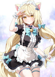 Rule 34 | 1girl, absurdres, ahoge, animal ears, apron, arm up, bell, black dress, blonde hair, blue choker, bow, bowtie, breasts, cat ears, center frills, choker, closed mouth, commission, cowboy shot, dress, expressionless, fox ears, fox tail, frilled apron, frilled dress, frills, hair bow, highres, jingle bell, long hair, looking at viewer, low twintails, maid, maid apron, maid headdress, medium breasts, original, pixiv commission, ribbon choker, short dress, short sleeves, skindentation, solo, tail, thigh strap, thighs, twintails, very long hair, wrist cuffs, yellow eyes, yon (letter)