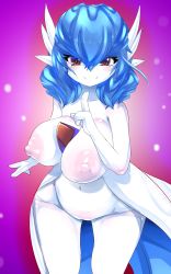 Rule 34 | 1girl, absurdres, ashraely, blue hair, blush, breasts, closed mouth, collarbone, colored skin, creatures (company), female focus, game freak, gardevoir, gen 3 pokemon, groin, hair between eyes, hand up, happy, highres, huge breasts, large areolae, looking at viewer, medium hair, navel, nintendo, nipples, outline, pink background, pointing, pointing up, pokemon, pokemon (creature), pussy, red eyes, red outline, shiny skin, simple background, smile, solo, standing, stomach, uncensored, white skin, wide hips