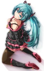 Rule 34 | 00s, 1girl, absurdres, aqua eyes, aqua hair, bare shoulders, black bra, black footwear, black jacket, black skirt, black thighhighs, blue nails, blush, boots, bow, bra, breasts, butterfly hair ornament, cleavage, closed mouth, collarbone, downblouse, from above, from behind, full body, hair between eyes, hair ornament, hatsune miku, high heel boots, high heels, highres, honey whip (module), jacket, knee boots, kneeling, lace, lace-trimmed legwear, lace trim, layered skirt, long hair, long sleeves, looking at viewer, looking back, looking up, matching hair/eyes, nail polish, pink bow, project diva (series), purple eyes, shoe soles, skirt, sleeves past wrists, small breasts, smile, solo, sweet devil (vocaloid), thighhighs, tsukishiro saika, twintails, underwear, very long hair, vocaloid, zettai ryouiki