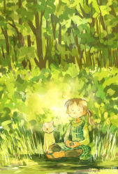Rule 34 | 1girl, cat, forest, indian style, lowres, nature, ponytail, sitting, solo