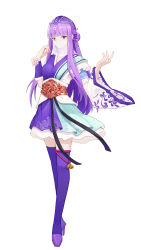 Rule 34 | 1girl, asymmetrical sleeves, bell, flower, full body, hair ornament, hair rings, hairpin, high heels, highres, huang qia mi, long hair, purple hair, qinshi mingyue, second-party source, shao siming (qin shi ming yue), solo, thighhighs, veil, white background