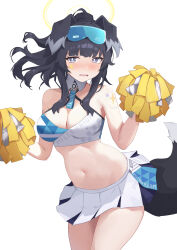 1girl absurdres animal_ears bare_shoulders black_hair blue_archive blush breasts character_name cheerleader cleavage cowboy_shot criss-cross_halter dog_ears dog_girl dog_tail goggles goggles_on_head grey_eyes halo halterneck hands_up hibiki_(blue_archive) hibiki_(cheer_squad)_(blue_archive) highres holding holding_pom_poms looking_at_viewer millennium_cheerleader_outfit_(blue_archive) miniskirt name_tag navel official_alternate_costume pleated_skirt pom_pom_(cheerleading) pom_poms rrick_sak simple_background skirt solo sports_bra star_sticker sticker_on_arm sticker_on_face stomach sweat tail text_print two-tone_sports_bra white_background white_skirt yellow_halo