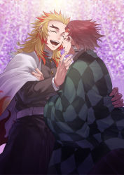 Rule 34 | 2boys, belt, belt buckle, buckle, buttons, checkered clothes, clinging, commentary request, crying, earrings, fingernails, flower, forked eyebrows, hand on another&#039;s back, hand on another&#039;s face, haori, hatching (texture), highres, japanese clothes, jewelry, kamado tanjirou, katana, kimetsu no yaiba, long hair, long sleeves, male focus, mismatched eyebrows, multicolored hair, multiple boys, open mouth, orange hair, parted lips, patterned, patterned clothing, petals, ponytail, red hair, remsor076, rengoku kyoujurou, scabbard, scar, scar on face, scar on forehead, sheath, sword, tears, thick eyebrows, tree, turtleneck, uniform, weapon, white belt, wide sleeves, wisteria