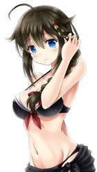Rule 34 | 1girl, ahoge, alternate costume, amou yuu, bare arms, bare shoulders, bikini, blue eyes, blush, braid, breasts, brown hair, collarbone, commentary request, artistic error, hair between eyes, hair flaps, hair ornament, hair over shoulder, hand in own hair, hand up, kantai collection, looking at viewer, medium breasts, navel, shigure (kancolle), shigure kai ni (kancolle), sidelocks, simple background, single braid, smile, solo, swimsuit, white background, wrong hand