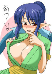 Rule 34 | 00s, 1girl, blue hair, blush, breasts, cleavage, huge breasts, judith (tales), large breasts, long hair, looking at viewer, no bra, pointy ears, red eyes, smile, solo, tales of (series), tales of vesperia, very long hair, zerosu (take out)