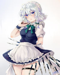 Rule 34 | 1girl, apron, arm behind back, artist name, black panties, blue dress, blue eyes, blush, bow, bowtie, breasts, colored eyelashes, commentary, cowboy shot, dress, frilled apron, frills, green bow, green bowtie, grey background, hair between eyes, hair bow, hand up, highres, holding, holding knife, holding weapon, izayoi sakuya, knife, looking at viewer, maid, maid apron, maid headdress, medium breasts, nail polish, panties, panty peek, parted lips, petticoat, red nails, short dress, short hair, signature, silver hair, solo, standing, thigh strap, thighs, touhou, underwear, waist apron, weapon, white apron, wrist cuffs, yuma (yuuma pants)