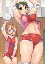 Rule 34 | 2girls, arm up, armpits, ball, blush, braid, breasts, brown eyes, brown hair, commentary request, covering crotch, covering privates, elbow pads, green eyes, green hair, gym, headband, highres, holding, indoors, knee pads, looking at viewer, low twintails, medium breasts, multiple girls, navel, nose blush, open mouth, original, orizen, parted lips, playing sports, railing, red footwear, shirt, shirt tug, short hair, sleeveless, sleeveless shirt, small breasts, sportswear, sweat, twin braids, twintails, v-shaped eyebrows, volleyball, volleyball (object), volleyball uniform