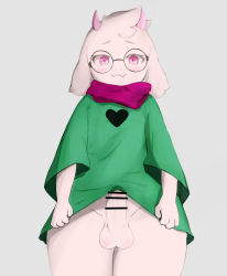Rule 34 | 1boy, absurdres, bar censor, blush, bulge, censored, closed mouth, deltarune, erection, erection under clothes, from below, furry, furry male, glasses, grey background, heart, highres, horns, long sleeves, looking at viewer, male focus, penis, pink horns, pink scarf, precum, ralsei, round eyewear, scarf, simple background, smile, solo, standing, testicles, white hair, wide sleeves, yoru (yoru vida)