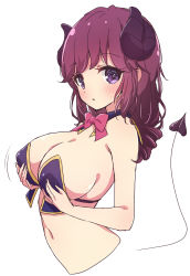 Rule 34 | 1girl, alternate breast size, black horns, blush, bow, bowtie, breasts, cleavage, commentary request, curled horns, demon girl, demon horns, demon tail, drill hair, highres, horns, large breasts, looking at viewer, machikado mazoku, mel (melty pot), navel, parted lips, purple eyes, red bow, red bowtie, simple background, solo, sweatdrop, tail, upper body, white background, yoshida ryouko