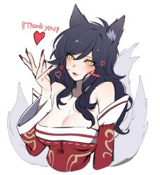 Rule 34 | 1girl, absurdres, ahri (league of legends), animal ears, artist name, bare shoulders, black hair, breasts, cleavage, detached sleeves, dress, facial mark, fox ears, fox girl, fox tail, full body, hand up, heart, highres, large breasts, league of legends, long hair, nail polish, red dress, red nails, red sleeves, simple background, slit pupils, solo, tail, whisker markings, white background, white sleeves, wosashimi, yellow eyes