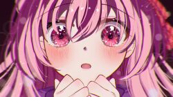 Rule 34 | 1girl, :o, blush, chromatic aberration, clenched hands, commentary, hair between eyes, happy sugar life, heart, heart in eye, jacket, long bangs, long hair, looking at viewer, matsuzaka satou, open mouth, own hands together, pink eyes, pink hair, purple jacket, raised eyebrows, shiro (dkau3374), solo, symbol-only commentary, symbol in eye, tearing up