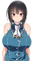 Rule 34 | 1girl, adapted costume, alternate costume, bare shoulders, black hair, blue shirt, blush, breasts, buttons, highres, kantai collection, large breasts, looking at viewer, neckerchief, no headwear, red eyes, shinomu (cinomoon), shirt, short hair, simple background, smile, solo, takao (kancolle), white background, white neckerchief