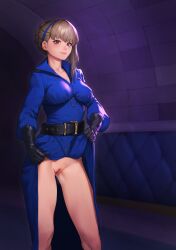 Rule 34 | 1girl, bar censor, beeeeen, belt, belt buckle, black belt, black gloves, blue dress, blue hairband, braid, breasts, brown hair, buckle, censored, cleft of venus, clothes lift, dress, dress lift, gloves, grey eyes, hairband, highres, large breasts, merope (p5x), no panties, persona, persona 5, persona 5: the phantom x, pussy, thighs