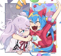 Rule 34 | 25-ji miku, 2girls, ^^^, animal ears, aqua eyes, arm around neck, arm up, artist name, blue hair, border, bow, bowtie, cat ears, cat tail, chest harness, cleavage cutout, clenched hand, closed mouth, clothing cutout, collared shirt, colorful, coral (coral l33), dot nose, dress, dual persona, fangs, frilled sleeves, frills, gold trim, grey hair, hair between eyes, hair ornament, hair ribbon, harness, hatsune miku, heterochromia, laughing, light blush, light particles, long hair, long sleeves, looking at another, looking to the side, monochrome, multiple girls, neck ribbon, nervous, open mouth, pom pom (clothes), pom pom hair ornament, project sekai, purple eyes, rafters, red bow, red bowtie, red dress, red ribbon, ribbon, serious, shirt, short sleeves, slit pupils, sparkle, split screen, star cutout, striped clothes, striped dress, surprised, sweatdrop, tail, triangle, tsurime, twintails, vertical-striped clothes, vertical-striped dress, very long hair, vocaloid, white border, white ribbon, white shirt, wonderlands x showtime miku