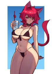 Rule 34 | absurdres, animal ears, arm behind back, bare shoulders, bikini, black bikini, borrowed character, breasts, cat ears, cat girl, cat tail, choker, closed mouth, commission, covered erect nipples, cowboy shot, curvy, distr, drink, facial mark, front-tie bikini top, front-tie top, hand up, heart, heart choker, highres, large breasts, looking at viewer, medium hair, micro bikini, narrow waist, navel, original, side-tie bikini bottom, silly straw, simple background, smile, string bikini, swept bangs, swimsuit, tail, whisker markings, wide hips
