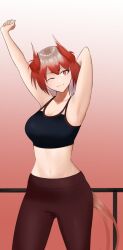 Rule 34 | 1girl, ;), absurdres, arknights, armpits, arms up, bare arms, bare shoulders, black pants, breasts, commentary request, cowboy shot, crop top, fiammetta (arknights), gradient background, highres, kang hakeem, large breasts, leggings, looking at viewer, midriff, navel, one eye closed, pants, pointy hair, red background, red eyes, red hair, short hair, smile, solo, sports bra, standing, stomach, thighs