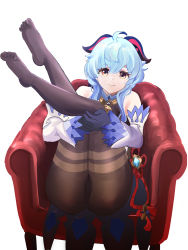 Rule 34 | 1girl, absurdres, ahoge, artist request, ass, bare shoulders, blue hair, brown eyes, chair, detached sleeves, ganyu (genshin impact), genshin impact, gloves, goat horns, highres, horns, legs, legs together, legs up, leotard, long hair, looking at viewer, pantyhose, shiny skin, sitting, smile, solo, very long hair, waist cape