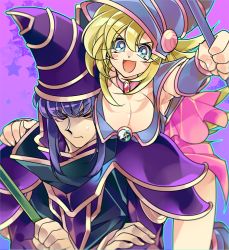 Rule 34 | 1boy, 1girl, blonde hair, blush stickers, breasts, choker, cleavage, commentary request, dark magician, dark magician girl, duel monster, hat, large breasts, long hair, medium hair, misaka (missa), open mouth, smile, staff, wand, wizard hat, yu-gi-oh!, yuu-gi-ou, yu-gi-oh! duel monsters
