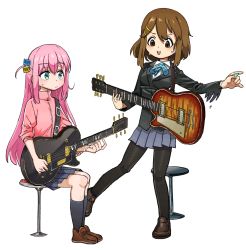 Rule 34 | 2girls, absurdres, blazer, blue eyes, blush, bocchi the rock!, brown hair, crossover, cube hair ornament, electric guitar, gibson les paul, gotoh hitori, guitar, hair ornament, hairclip, highres, hirasawa yui, instrument, jacket, k-on!, multiple girls, ohbunti, pink hair, pink jacket, school uniform, sweat, trait connection, white background, winter uniform