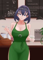 Rule 34 | absurdres, apron, barista, blue eyes, blue hair, bottomless, bow, breasts, cleavage, cup, disposable cup, gibb san, green apron, hair intakes, hakos baelz, highres, holding, hololive, hololive english, iced latte with breast milk (meme), looking at viewer, meme, mr. squeaks (hakos baelz), naked apron, ouro kronii, short hair, solo, topless, virtual youtuber