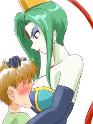 Rule 34 | 1girl, age difference, atsugessho, bishoujo senshi sailor moon, blue eyes, blush, breast smother, breasts, brown hair, cleavage, colored skin, face to breasts, faceless, faceless male, forehead jewel, from side, gloves, green hair, green skin, jewelry, lipstick, long hair, makeup, necklace, ponytail, supon, white background