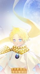 1boy bad_id bad_pixiv_id baggy_clothes blonde_hair blue_eyes blush bright_pupils derby_(dabidabi) fate/grand_order fate/requiem fate_(series) glowing gradient_background gradient_hair highres looking_to_the_side male_focus moon multicolored_hair open_mouth parted_bangs scarf short_sleeves sky smile solo space star_(sky) star_(symbol) starry_sky upper_body voyager_(fate) voyager_(first_ascension)_(fate) yellow_scarf