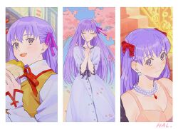 Rule 34 | 1girl, cherry blossoms, closed eyes, dress, earrings, fate/hollow ataraxia, fate/stay night, fate (series), hair ribbon, hal (haaaalhal), heaven&#039;s feel, highres, homurahara academy school uniform, jewelry, long hair, matou sakura, multiple views, necklace, pearl necklace, purple eyes, purple hair, ribbon, school uniform, smile