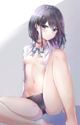 Rule 34 | 1girl, absurdres, adagaki aki, ass, bare legs, barefoot, black hair, black panties, blue bow, blue bowtie, blue eyes, bow, bowtie, breasts, closed mouth, collarbone, collared shirt, commentary request, grey background, head tilt, highres, knee up, korean commentary, looking at viewer, masamune-kun no revenge, navel, no bra, open clothes, panties, shirt, short hair, sidelocks, simple background, sitting, small breasts, smile, solo, striped bow, striped bowtie, striped clothes, striped neckwear, sunhyun, thighs, underwear, white shirt