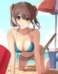 Rule 34 | 1girl, :o, akira tooru, all fours, barefoot, beach, beach chair, beach towel, beach umbrella, bikini, bikini under clothes, blue bikini, breasts, brown hair, cleavage, collarbone, cooler, day, denim, denim shorts, eyebrows hidden by hair, feet, hair between eyes, hair ornament, highres, large breasts, looking at viewer, navel, ocean, open fly, open mouth, original, outdoors, revision, short hair, short shorts, shorts, sidelocks, sky, solo, stomach, swimsuit, teeth, thighs, toes, towel, twintails, umbrella, unbuttoned, upper teeth only