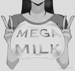 Rule 34 | 1girl, breasts, breasts squeezed together, double v, female focus, greyscale, highres, mega milk, meme, meme attire, milkymoo, monochrome, peace symbol, solo, tagme, v