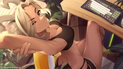 Rule 34 | 1girl, absurdres, animal ear fluff, arm up, black shorts, black sports bra, blonde hair, breasts, chinchilla ears, closed mouth, collarbone, crossed legs, desk, dragon horns, from above, highres, horns, indie virtual youtuber, keyboard (computer), median furrow, mouse (computer), one eye closed, p-san (sansin), plant, sansin jin, scar, scar on back, shorts, sitting, solo, sports bra, stretching, tail, tan, twitter username, virtual youtuber, yellow eyes