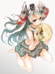 Rule 34 | 1girl, amatsukaze (kancolle), bad id, bad pixiv id, ball, beachball, bikini, black bikini, blush, brown eyes, hair between eyes, hair ornament, hair tubes, hat, holding, holding ball, holding beachball, kantai collection, long hair, looking at viewer, mini hat, ph., sailor collar, see-through, side-tie bikini bottom, silver hair, simple background, sitting, skirt, smile, smokestack, solo, swimsuit, thighs, twintails, two side up, white background