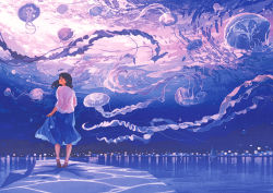 Rule 34 | 1girl, air bubble, black hair, blue skirt, brown footwear, bubble, gemi, jellyfish, looking to the side, ocean, original, purple theme, shirt, skirt, skirt hold, solo, standing, white shirt