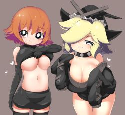 Rule 34 | 2girls, :3, black dress, black eyes, black gloves, black hat, black skirt, black thighhighs, blonde hair, blush, breasts, bright pupils, brown background, cleavage, closed mouth, collar, commentary request, cookie (touhou), cowboy shot, dress, elbow gloves, fake meguru (cookie), fake yuuhi (cookie), gloves, hair between eyes, hair over one eye, hat, heart, highres, large breasts, leaning forward, lets0020, long bangs, looking at viewer, medium bangs, medium hair, miniskirt, multiple girls, off-shoulder dress, off shoulder, orange hair, pencil skirt, short hair, simple background, skirt, sleeves past fingers, sleeves past wrists, smile, studded collar, thighhighs, underboob, white pupils, witch hat