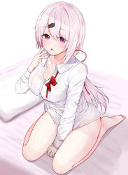 Rule 34 | 1girl, absurdres, bare legs, barefoot, bed sheet, between legs, blouse, bow, bowtie, breasts, cleavage, commentary request, hair between eyes, hair ornament, hand between legs, hand up, highres, large breasts, long hair, long sleeves, looking at viewer, naked shirt, nijisanji, parted lips, pillow, pink hair, purple eyes, racchi., red bow, red bowtie, red ribbon, ribbon, shiina yuika, shiina yuika (1st costume), shirt, sitting, soles, solo, tears, very long hair, virtual youtuber, waking up, wariza, white shirt