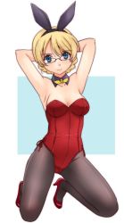 Rule 34 | 10s, 1girl, animal ears, armpits, arms behind head, bespectacled, black-framed eyewear, black pantyhose, blonde hair, blue background, blue eyes, braid, breasts, breasts apart, commentary request, darjeeling (girls und panzer), detached collar, fake animal ears, full body, girls und panzer, glasses, high heels, kneeling, leotard, looking at viewer, medium breasts, neck ribbon, open mouth, pantyhose, playboy bunny, rabbit ears, red footwear, red leotard, ribbon, short hair, side-tie leotard, smile, solo, strapless, strapless leotard, thighs, twin braids, uona telepin, yellow ribbon