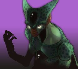 Rule 34 | 1boy, arm up, cell (dragon ball), dark, dragon ball, dragonball z, glowing, glowing eyes, gradient background, imperfect cell, looking at viewer, male focus, monster, purple background, rumie, shadow, slit pupils, solo, tongue