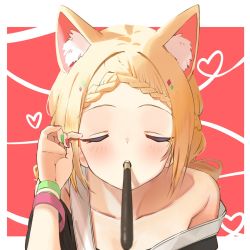 Rule 34 | 1girl, aki rosenthal, aki rosenthal (gaming casual), animal ear fluff, animal ears, bare shoulders, blonde hair, blush, braid, closed eyes, collarbone, facing viewer, fingernails, food, green nails, highres, hololive, mouth hold, nail polish, pocky, pocky day, pocky kiss, pov, shared food, solo, twin (tt lsh), virtual youtuber