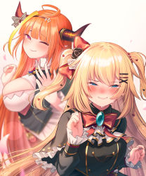 Rule 34 | 2girls, ;), ahoge, akai haato, akai haato (gothic lolita), ascot, black capelet, black dress, black jacket, blonde hair, blue eyes, blush, bow, bowtie, breasts, capelet, collared shirt, commentary request, crying, crying with eyes open, dragon horns, dress, frilled capelet, frilled sleeves, frills, hair bow, hair ornament, heart, heart hair ornament, highres, hololive, horn bow, horn ornament, horns, jacket, jewelry, kiryu coco, kiryu coco (1st costume), large breasts, long hair, long sleeves, looking at another, looking at viewer, magowasabi, multicolored hair, multiple girls, necklace, one eye closed, orange hair, parted lips, pointy ears, red bow, red bowtie, shirt, simple background, smile, streaked hair, striped, striped bow, tears, very long hair, virtual youtuber, white ascot, white background, x hair ornament