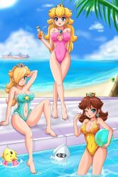 Rule 34 | 3girls, ball, beach, beachball, blooper (mario), blue one-piece swimsuit, boat, breasts, cataquack, cleavage, clothing cutout, covered navel, cup, drink, drinking glass, drinking straw, hair over one eye, holding, innertube, luma (mario), mario (series), multiple girls, nail polish, navel, navel cutout, nintendo, ocean, one-piece swimsuit, palm tree, pink one-piece swimsuit, pool, princess daisy, princess peach, rosalina, sand, sigurd hosenfeld, strapless, strapless one-piece swimsuit, super mario bros. 1, super mario galaxy, super mario land, swim ring, swimsuit, tree, water, watercraft, yellow one-piece swimsuit