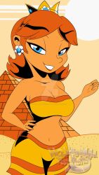 Rule 34 | 1girl, blue eyes, breasts, brown hair, cleavage, crown, earrings, flower earrings, freckles, grin, hand on own hip, highres, jewelry, looking at viewer, mario (series), midriff, navel, nintendo, princess daisy, pyramid (structure), sand, shorts, smile, solo, standing, sun, super mario land
