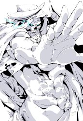 Rule 34 | 1boy, abs, armor, bara, bare pectorals, black sclera, blue eyes, cloak, colored sclera, fate/grand order, fate (series), foreshortening, glowing, glowing eyes, groin, highres, horns, kimidori (dera kimidori), king hassan (fate), male focus, male pubic hair, mask, mature male, muscular, muscular male, naked cloak, navel, open hand, pectorals, pubic hair, skull mask, solo, spot color, stomach